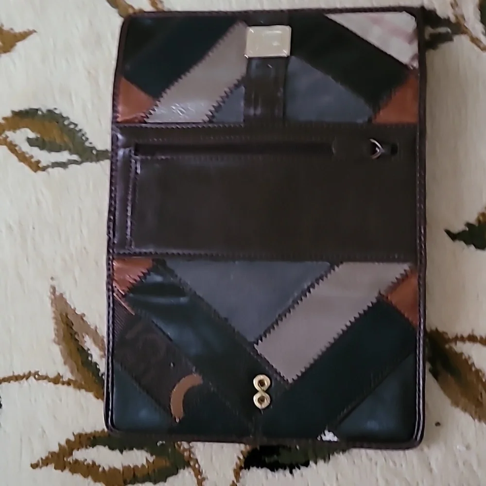 Liz Claiborne Women Brown Multicolor Patchwork Tri Fold Long Faux Leather Wallet